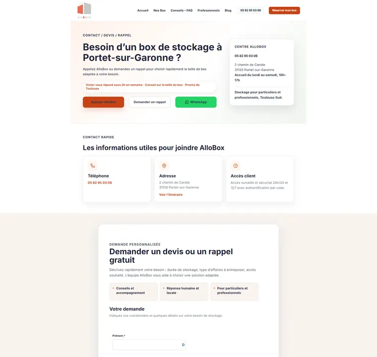 AlloBox — page Contact après refonte