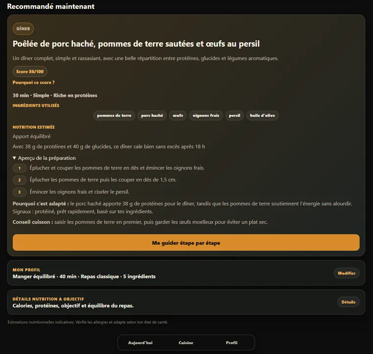 FuelForge — repas recommandé avec score et nutrition estimée