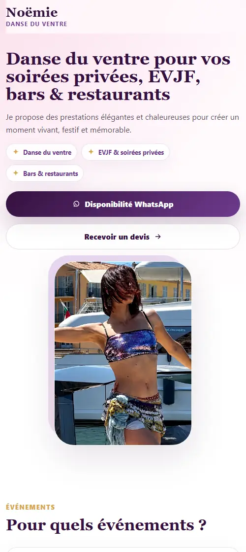 Version mobile de la landing page Noëmie - Danse du ventre